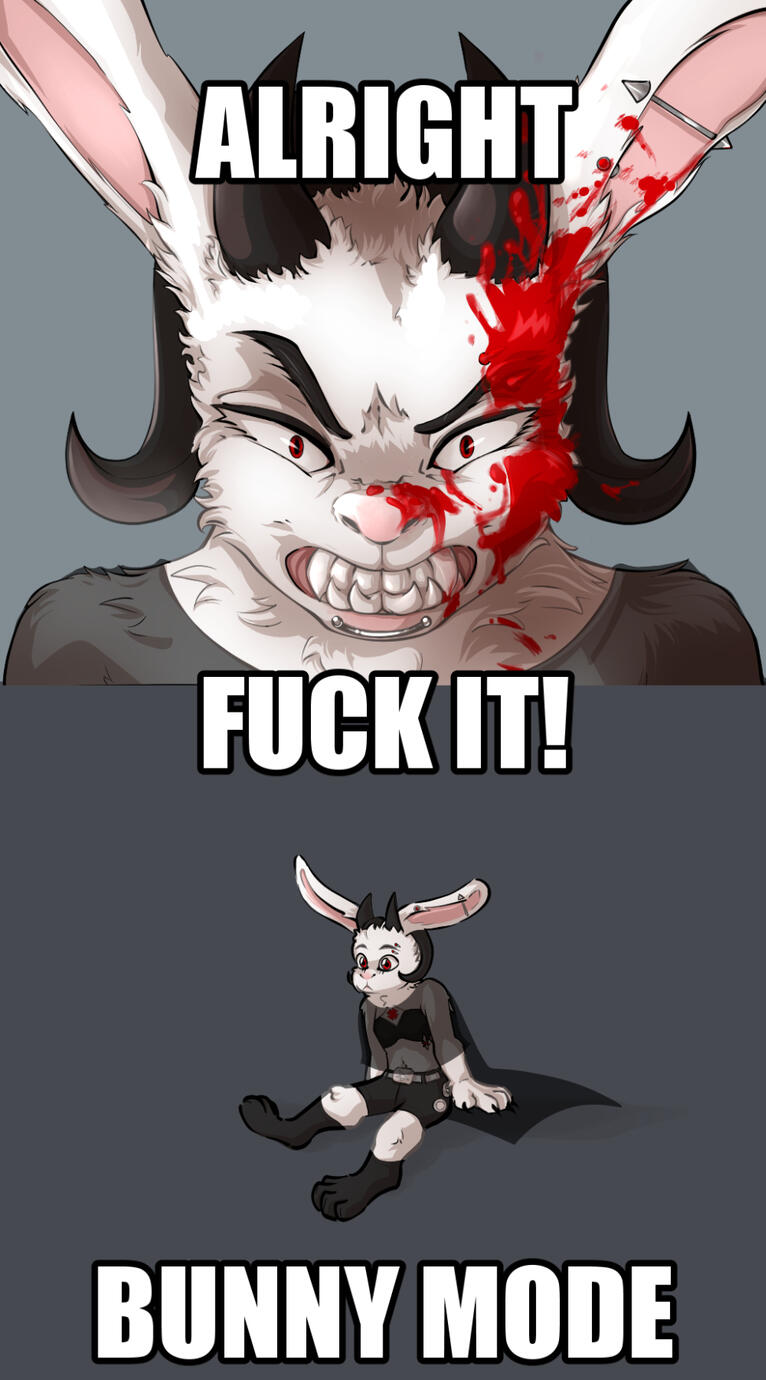 FUCKIT A meme, "FUCK IT, BABY MODE", featuring a bloodied jackalope lady going through it.