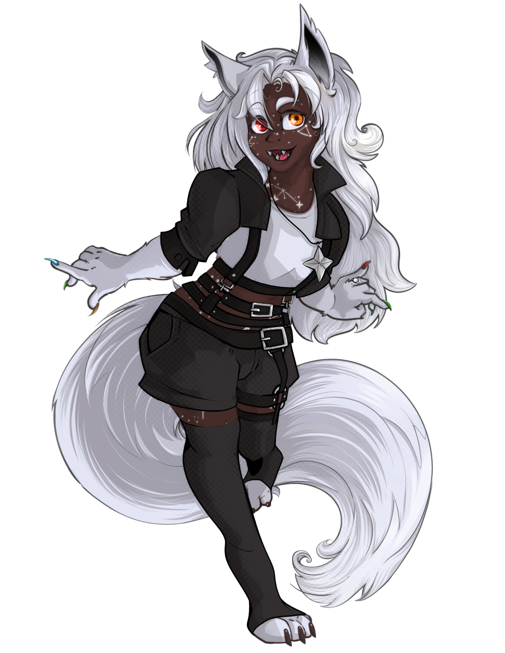 A fashionable lady with deep brown skin, of which is freckled with glowing constellations. The freckles match the white of her hair and fur, and she appear to be in an excitable pose.