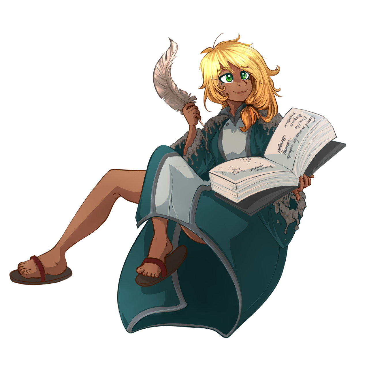 a human character with a book and quill