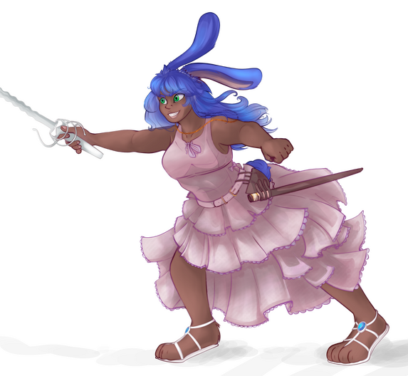 a rabbit-eared humanoid wielding a rapier and a frilly dress