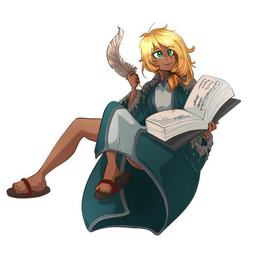 a human character with a book and quill